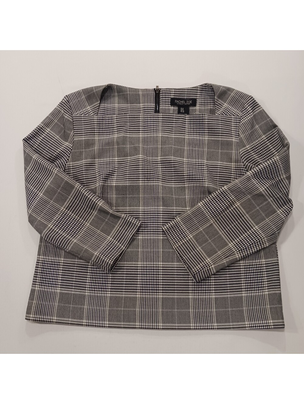 Rachel Zoe T492 Women's Square Neck Gray Plaid Long Sleeve Shirt Size 6